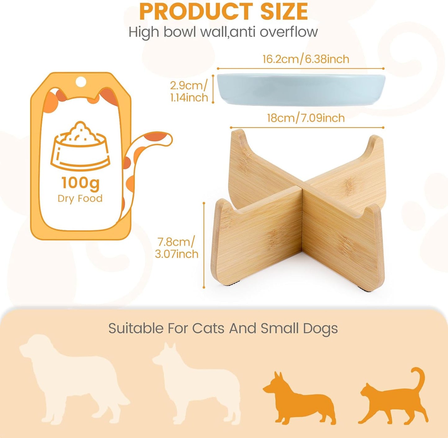 PETTOM Slow Feeder Cat Bowl with Stand, 2 Pack Ceramic Raised Tilted Cat Slow Feeder Bowl