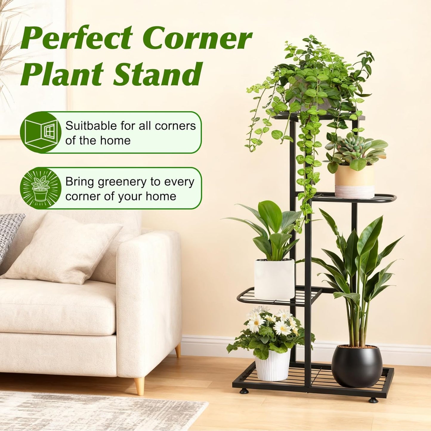 Plant Stand Indoor Outdoor, Corner Metal Plant Stands, Heavy Duty Tall Planter Shelf for Multiple Plants, Flower Pot Holder for Patio Garden Balcony Living Room (Black, 4 Tier-5 Potted)