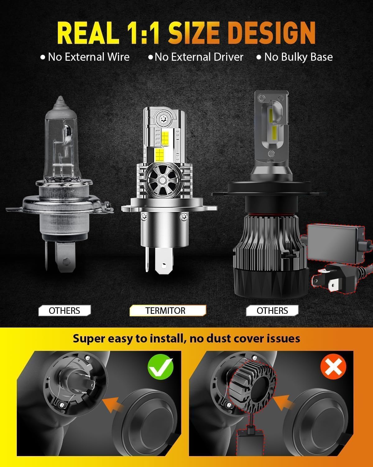 Upgraded H4/9003/HB2 Bulbs, 50,000LM 10X Super Bright, 1:1 Mini Size 6500K Cool White IP68 Waterproof Automotive Replacement H4 9003 Fog Lights, Quick Installation, Pack of 2