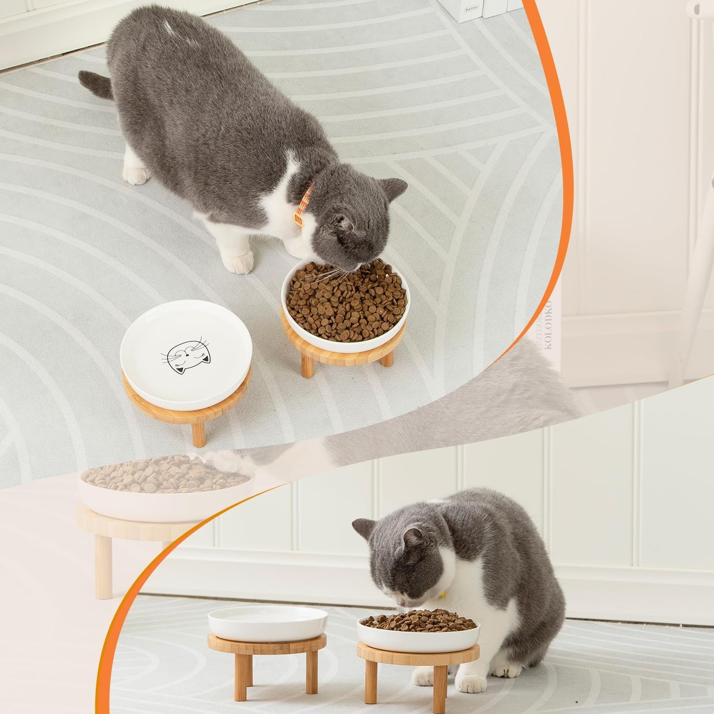 Shallow Elevated Cat Bowls,5.9 Inch Wide Raised Ceramic Cat Dishes with Bamboo Stand, Whisker Friendly Pet Water or Food Plates Feeding Station for Indoor Cats, Kitten (Blue,Set of 2)