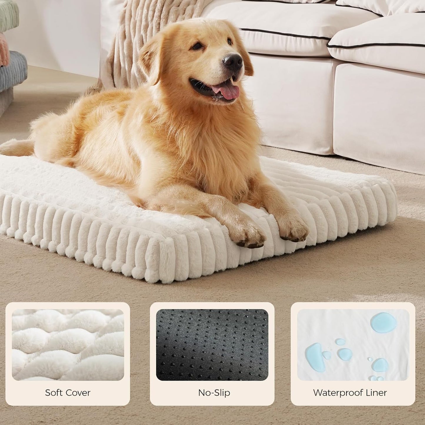 Orthopedic Dog Bed for Large Dog, Waterproof Pet Bed,Non-Slip Bottom and Egg-Crate Foam with Removable Washable Cover Crate Bed,Cream,36"x27"x3"