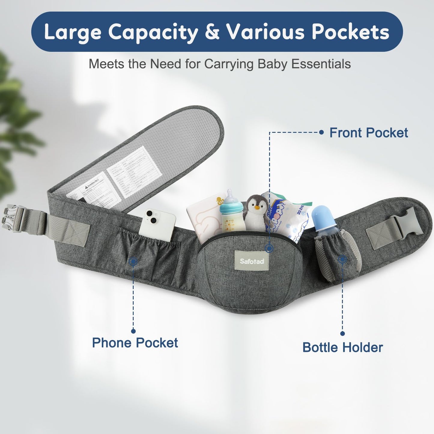 Baby Carrier with Hip Seat, Ergonomic Front Carrier for Newborns & Toddlers, Adjustable Waistband with Strong Support, Large Pocket Design, Grey