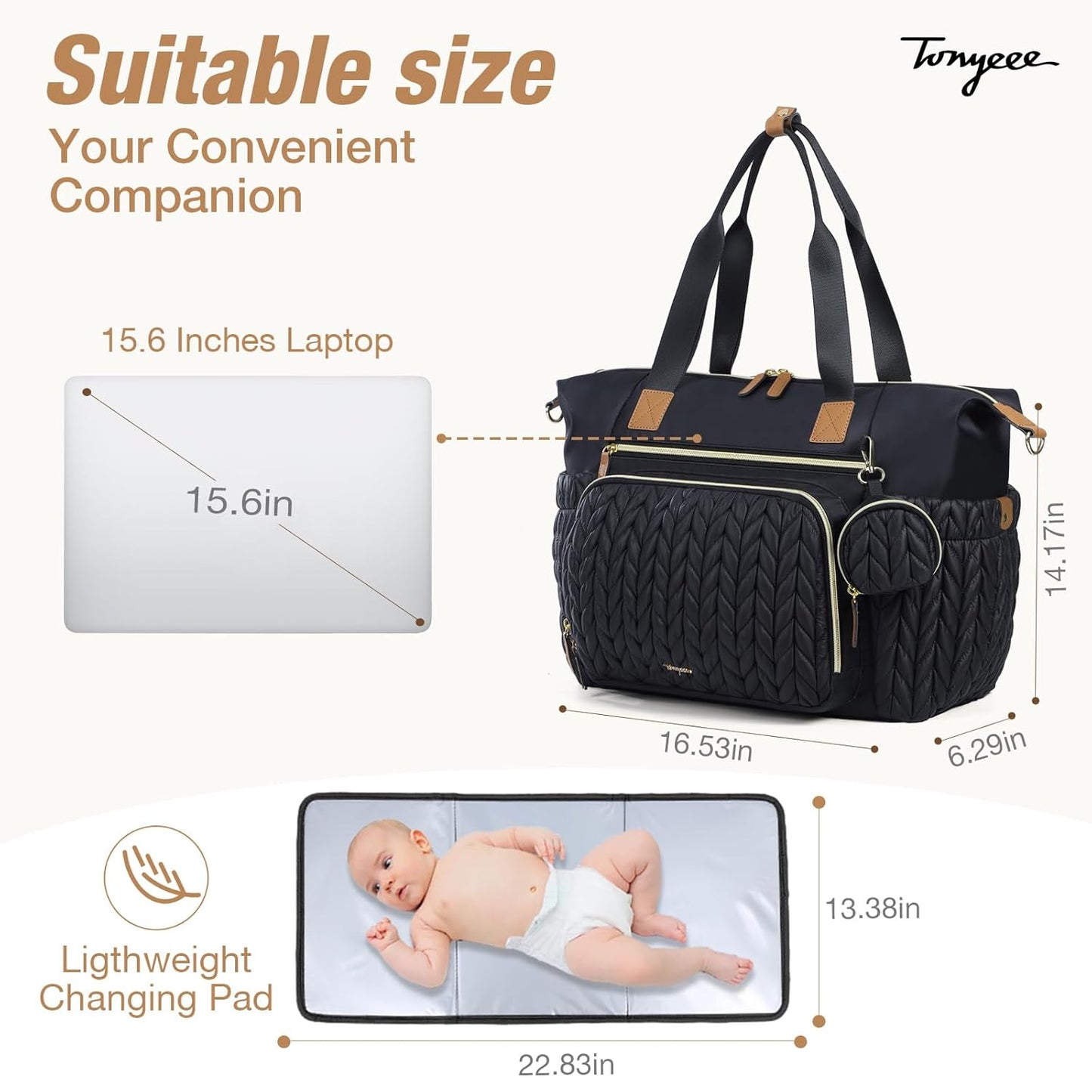 Diaper Bag Tote, Large Diaper Bags Waterproof, Hospital Bag for Labor Delivery, Baby Bag with Pacifier Case, Travel Diaper Tote with Changing Pad, Black