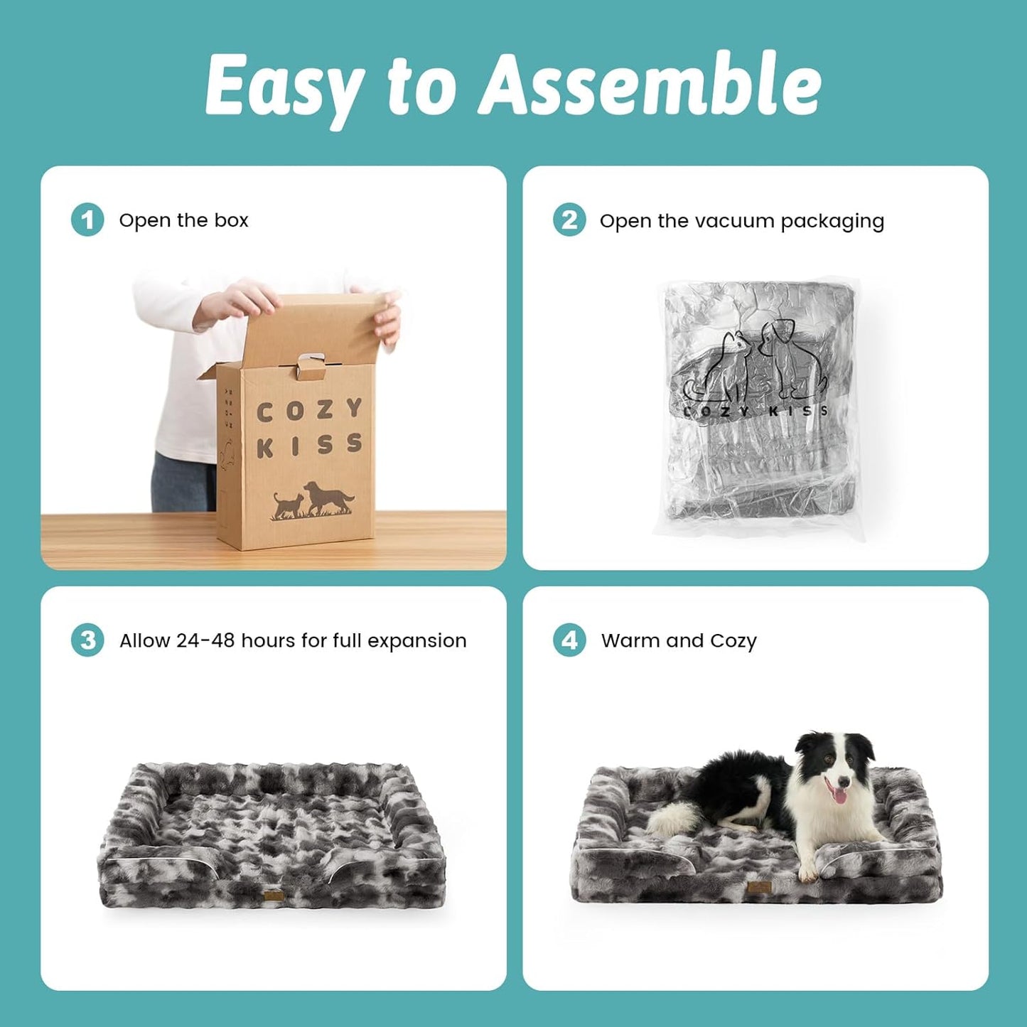 Orthopedic Dog Bed for Large Medium Size Dog, Soft and Warm Faux Fur Sofa for Pet Up to 75 lbs, Foam Bolster Anti-Slip Couch with Washable Removable Cover, L 36x27x6.5 inch, Tie Dye Grey