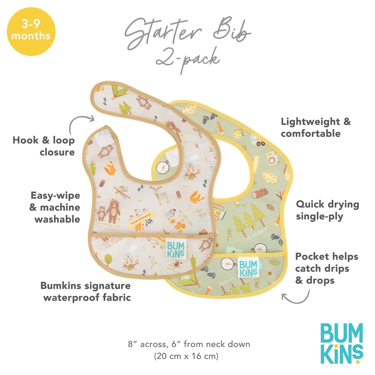 Bumkins Bibs, for Baby Girl or Boy, Infant 3-9 Months, Essential Must Have for Eating, Feeding, Baby Led Weaning Supplies, Mess Saving Waterproof Soft Fabric, Starter Bib 2-pk Camp Gear Green