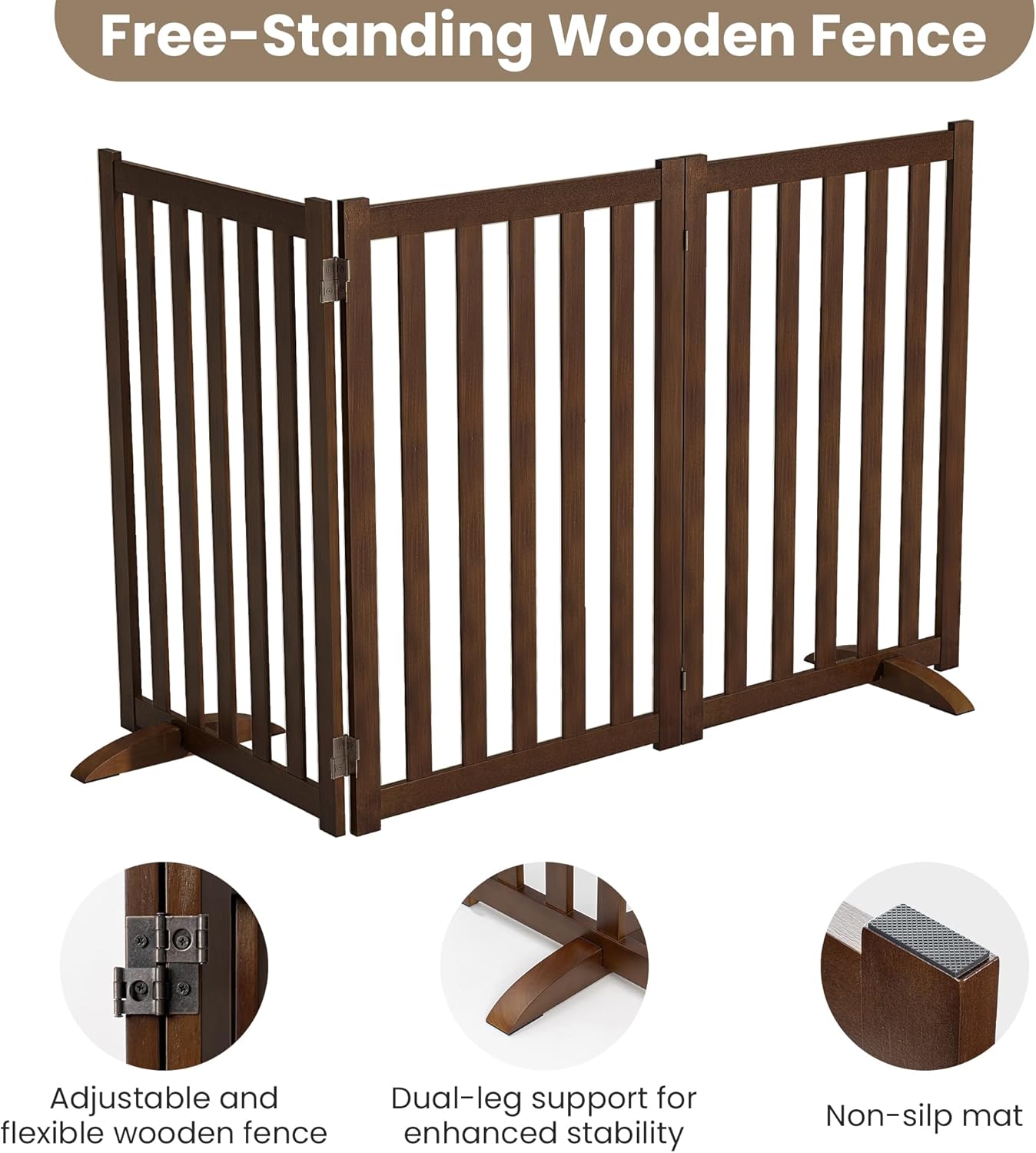 Wire Dog Gate Solid Wood Frame, Anti-Chewing, 3-Panel, 30" Height, 60" Width, Indoor Freestanding Pet Gate Foldable Wooden Dog Fences for Stairs, House, Doorway, Walnut