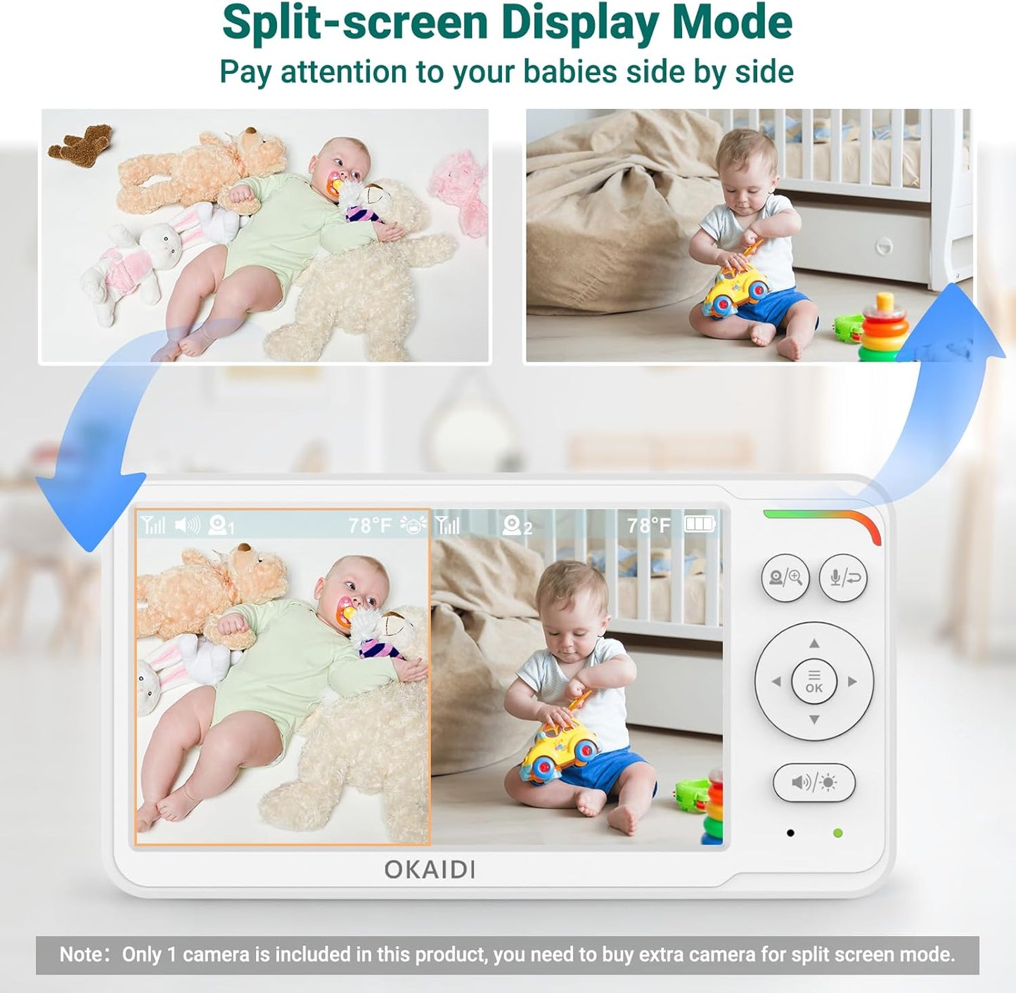OKAIDI Baby Monitor with Camera and Audio,6" IPS Screen Baby Camera Monitor with 30H Battery,1000ft Range,Night Vision,Baby Monitor No WiFi,2-Way Talk & 150 Languages Support(Ideal for Home & Travel)