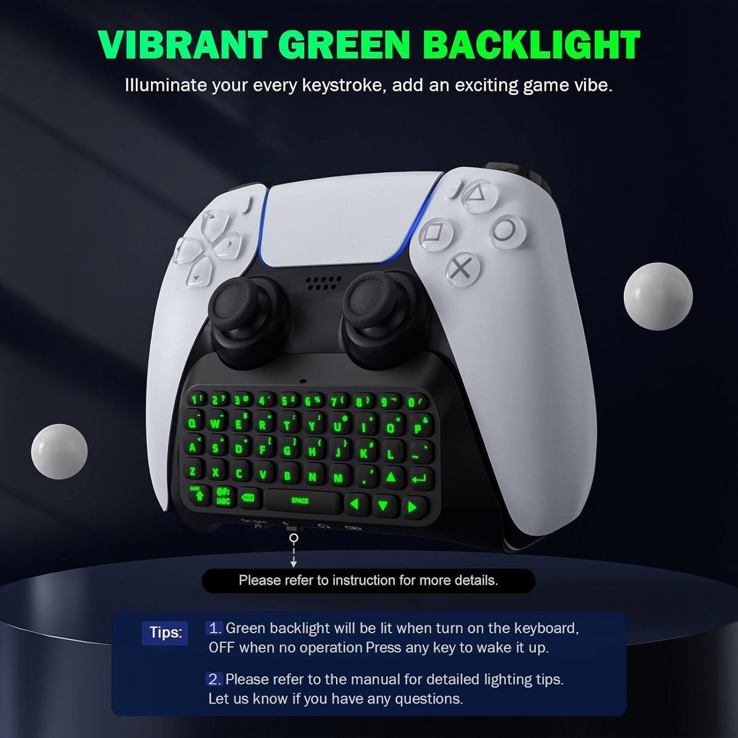 MoKo Keyboard for PS5 Controller with Green Backlight, Bluetooth Wireless Mini Keypad Chatpad for PlayStation 5, Built-in Speaker & 3.5mm Audio Jack for PS5 Controller Accessories