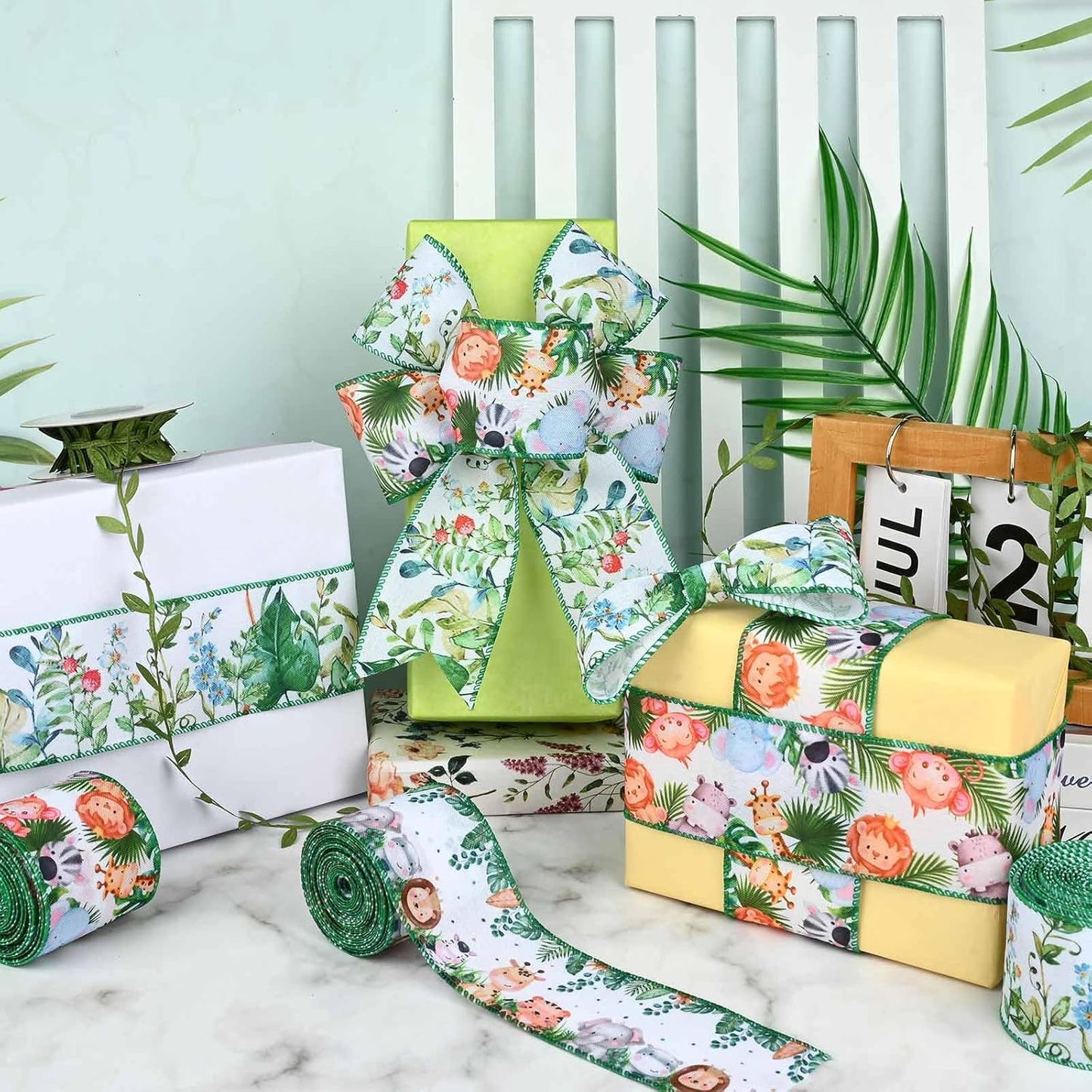 4Rolls 20 Yards Jungle Animal Diaper Cake Wired Ribbon 2.5 Inch Forest Green Leaf Ribbons Cute Animal Print Ribbons for Diaper Wrapping Birthday Baby Shower Craft Supplies