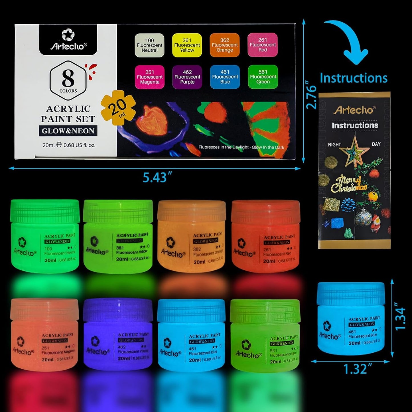 Artecho Glow in the Dark Paint 8 Colors, 20 ml / 0.7 oz Acrylic Paint for Decoration, Supplies for Canvas, Rock, Wood