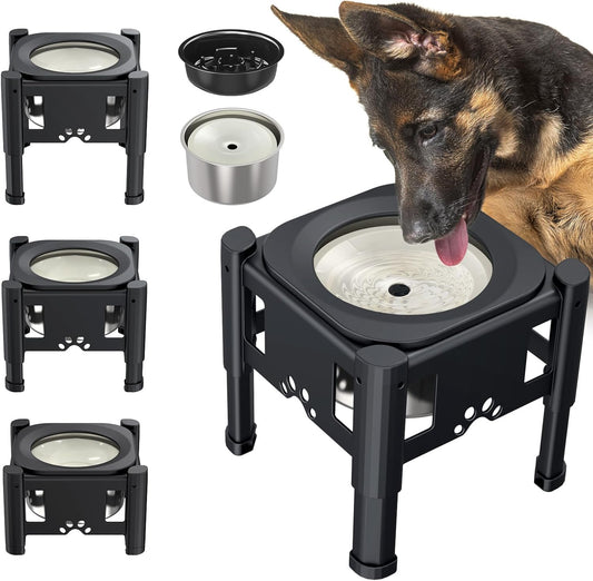 Lewondr Elevated Dog Water Bowl No Spill, 80OZ/2.5L Large Capacity Raised Water Bowl for Dogs with Slow Feeder Dog Bowl, 3 Heights Adjustable Elevated Dog Slow Water Bowl for Small Medium Large Dogs