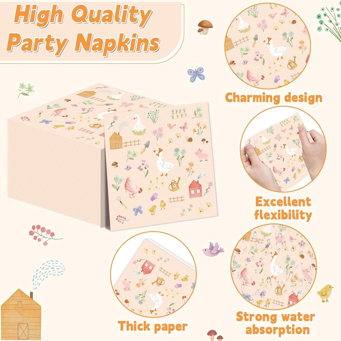 96Pcs Farm Barnyard Party Decorations Garden Tea Themed Tableware Farm Animals Flowers Plates Napkins Forks Summer Floral Dinnerware Supplies for Baby Shower Birthday Serves 24 Guests