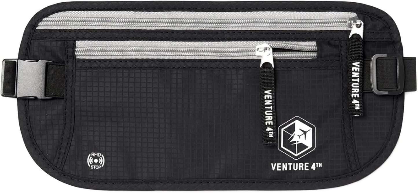 VENTURE 4TH Money Belt for Travel – Hidden Under-Clothes RFID Blocking Passport Holder & Slim Travel Wallet Pouch for Men & Women to Protect Cash, Cards & Documents (Black)