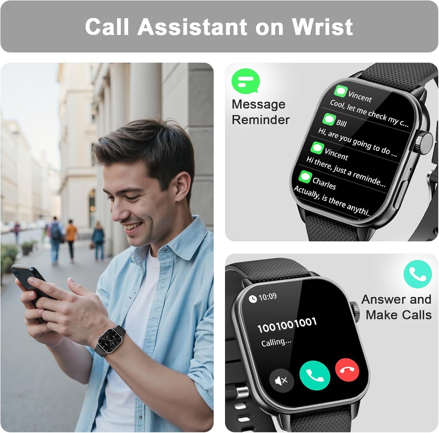 Smart Watch for Men Women, 1.85'' AMOLED HD Fitness Watch with 120+ Sports Modes, Bluetooth Call/Heart Rate/Sleep Monitor/Pedometer, Smartwatch for Android iOS, IP68 Waterproof, Light Black