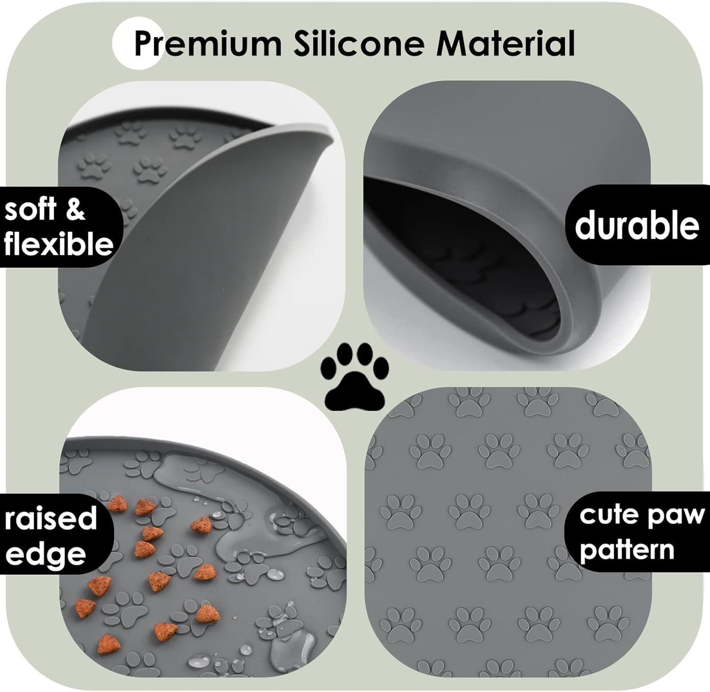 Pet Feeding Mats for Food and Water, Waterproof Anti-Slip Placemats for Dog Cat Bowl, 2 Pack Silicone Pet Food Mat, Dishwasher Safe 10.9 × 10.9 (2 Black, Small Paws)