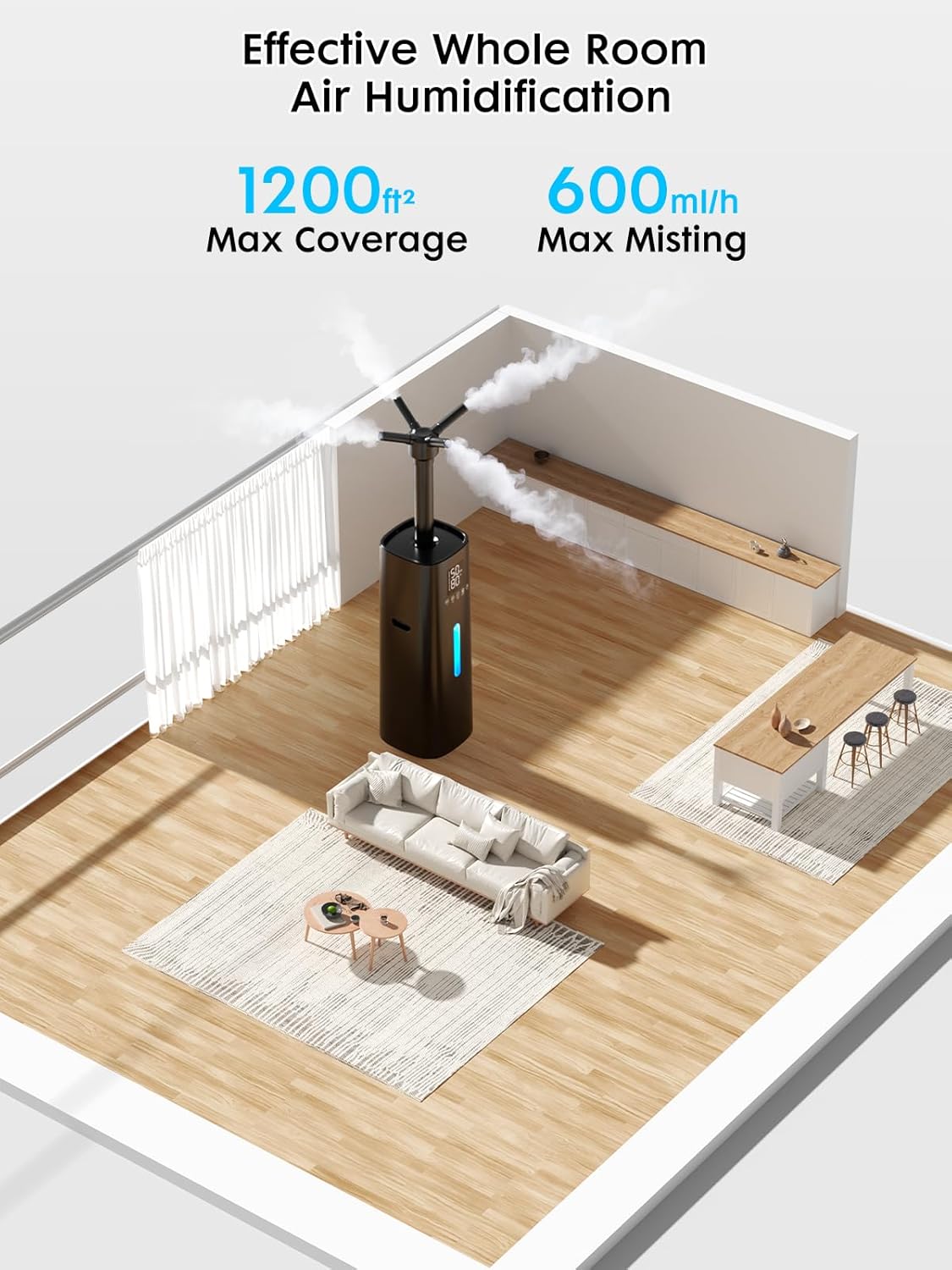 15L/4Gal Humidifier Large Room, 600mL/h Misting, 1200ft² Coverage, Auto Humidity Control, 72H Runtime, Top Fill, Aroma Diffuser, Sleep Mode, 12H Timer, Auto Shutoff Protection