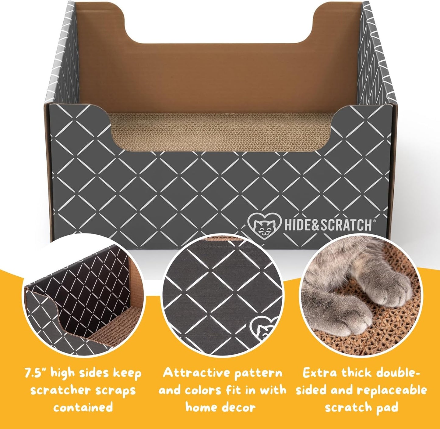 Hide & Scratch Cardboard Cat Scratcher Box & Bed - Dark Grey Diamond | Double-Sided Corrugated Pad for Indoor Cats | Refillable Scratching Board Toy for Play & Furniture Protection