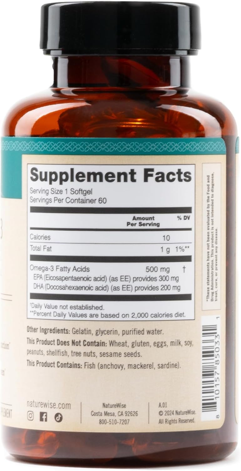 NatureWise Omega 3 Fish Oil - 500 mg per Pill - EPA & DHA - Immune Support, Brain & Optimal Wellness - Gluten and Soy Free, Non-GMO - 60 Softgels[2-Month Supply]