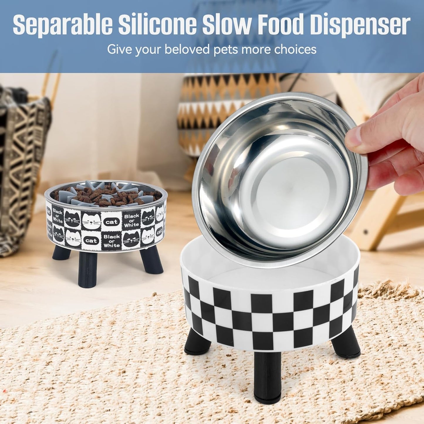2PCS Elevated Cat Bowls with Slow Feeder, Wide Raised Stainless Steel Cat Dishes Plastic Stand Silicone Slow Food Dispenser, Whisker Friendly Pet Water Food Plates Feeding Station Indoor Cats, Kitten