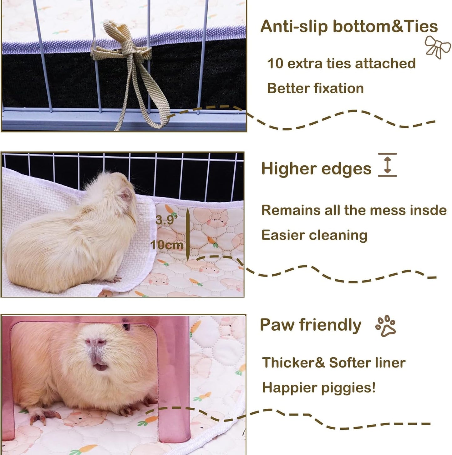 Washable Guinea Pig Cage Liners with High Sides, 24’’×48’’ Reusable Fleece Pee Pads for Guinea Pigs Cages, Rabbits, Bunny, Waterproof & Super Abosorbent Liner Mat for Dog, Ferret, Chinchilla
