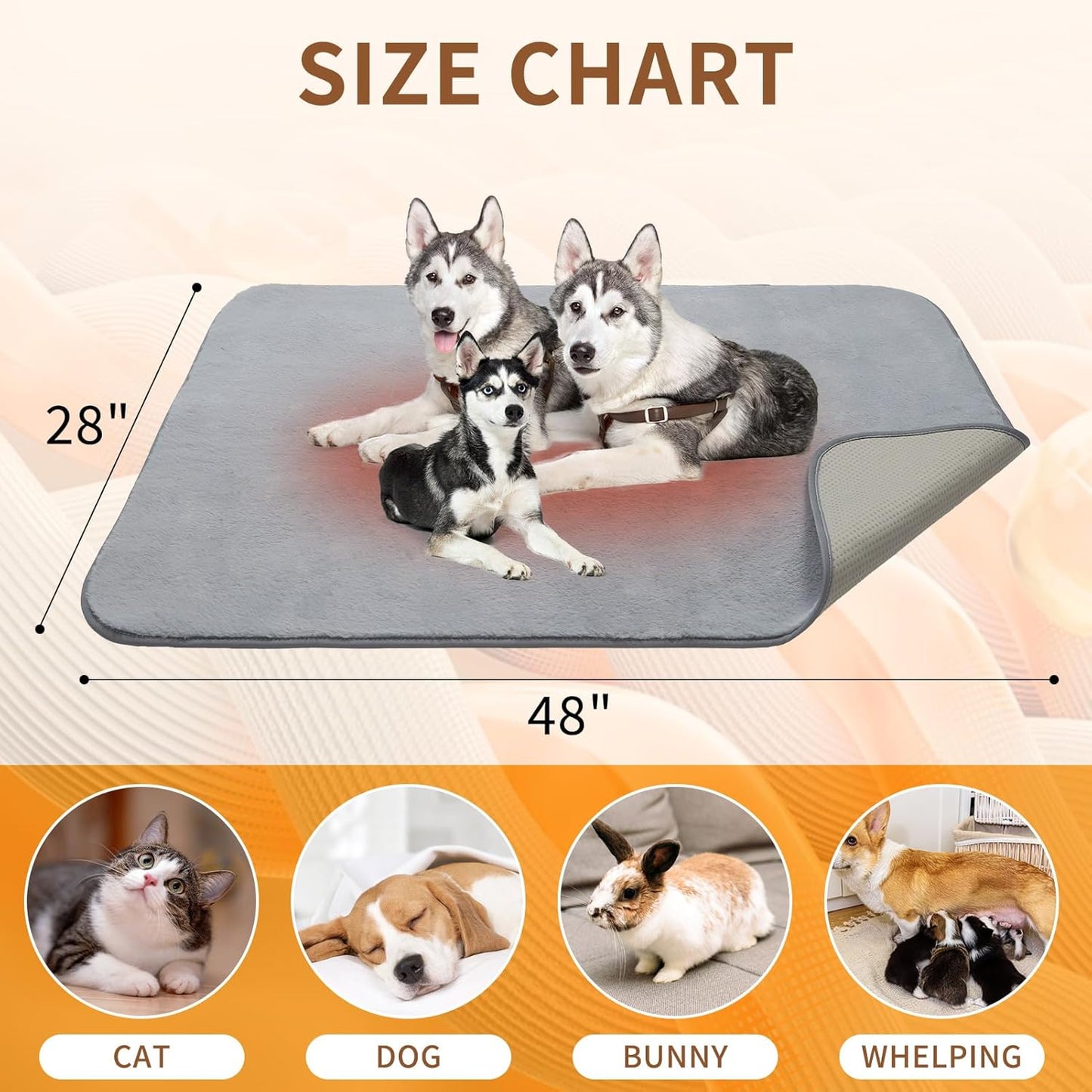 Homimp Self Warming reusable dog training pads,Non-Slip Washable Pee Pads for Dogs, Fast Absorbent Pet Whelping Pads, Ideal for Puppy Senior Dog Whelping, Incontinence, Housebreak, Crate,48x28in, Gray