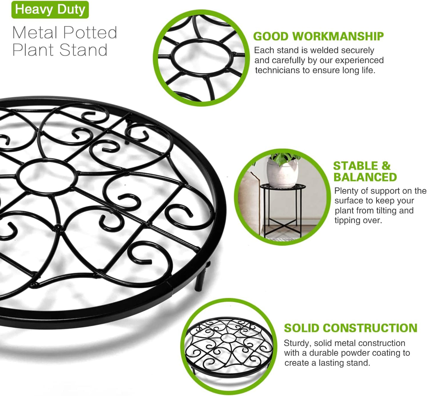 15" Tall Metal Plant Stand, 2 Pack 11" Wide Round Plant Stand for Flower Pots Up to 100lbs, Rustproof Iron Plant Holder for Indoor Outdoor Use, Easy Assemble Flower Stand for Home Garden Display