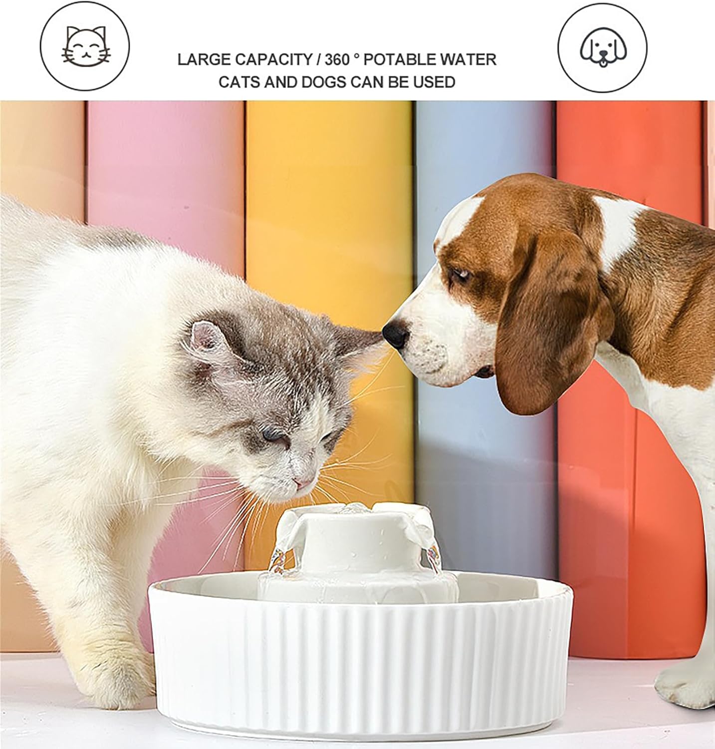 Ceramic Cat Water Fountain Cats Tower Water Dispenser 2.1L/71.02oz Dog Water Bowl Dispenser Cat Fountain for Cats Indoor Ultra Quiet Pump Pets Water Bottle White