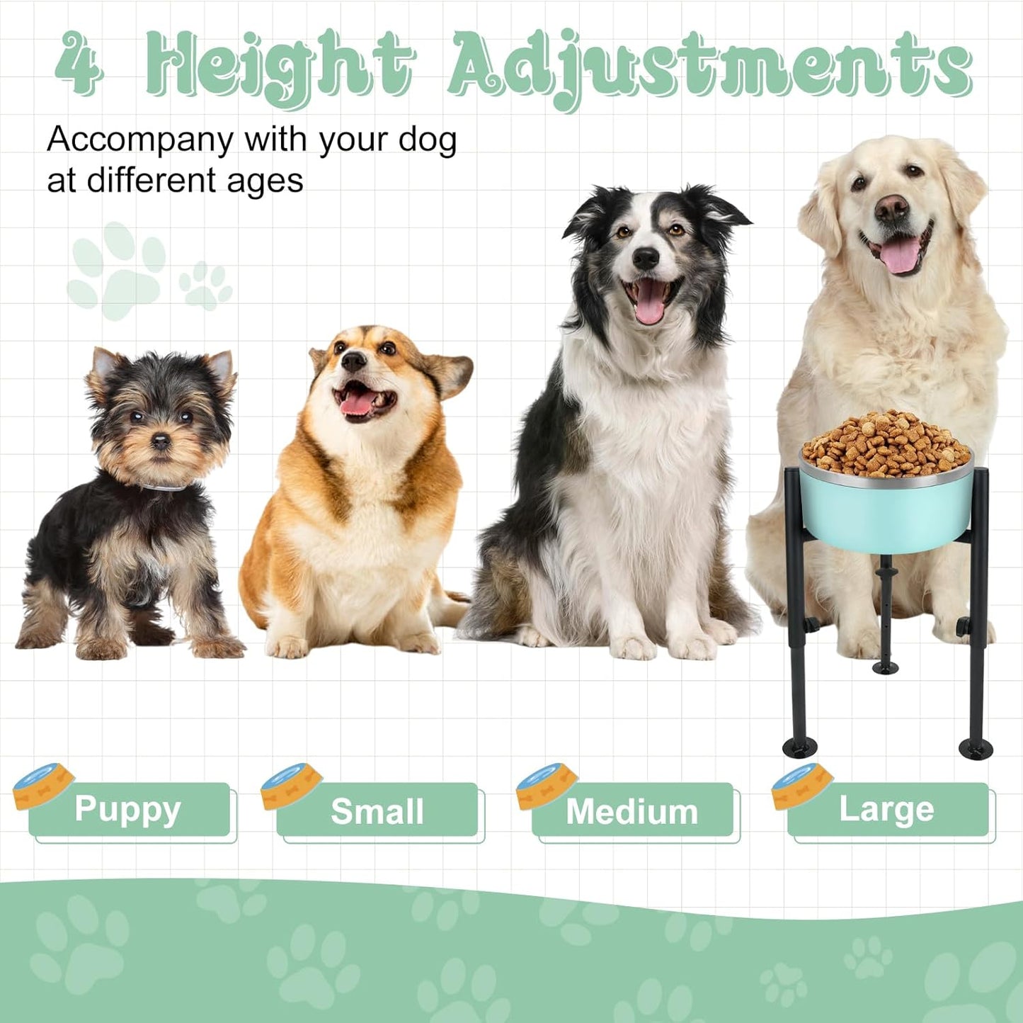 Elevated Dog Bowl Stand, 4 Height Adjustable Raised Dogs Bowls Stand Wide 6-10in, Dog Food Water Feeder Metal Pet Feeding Holder for Medium Large Breeds