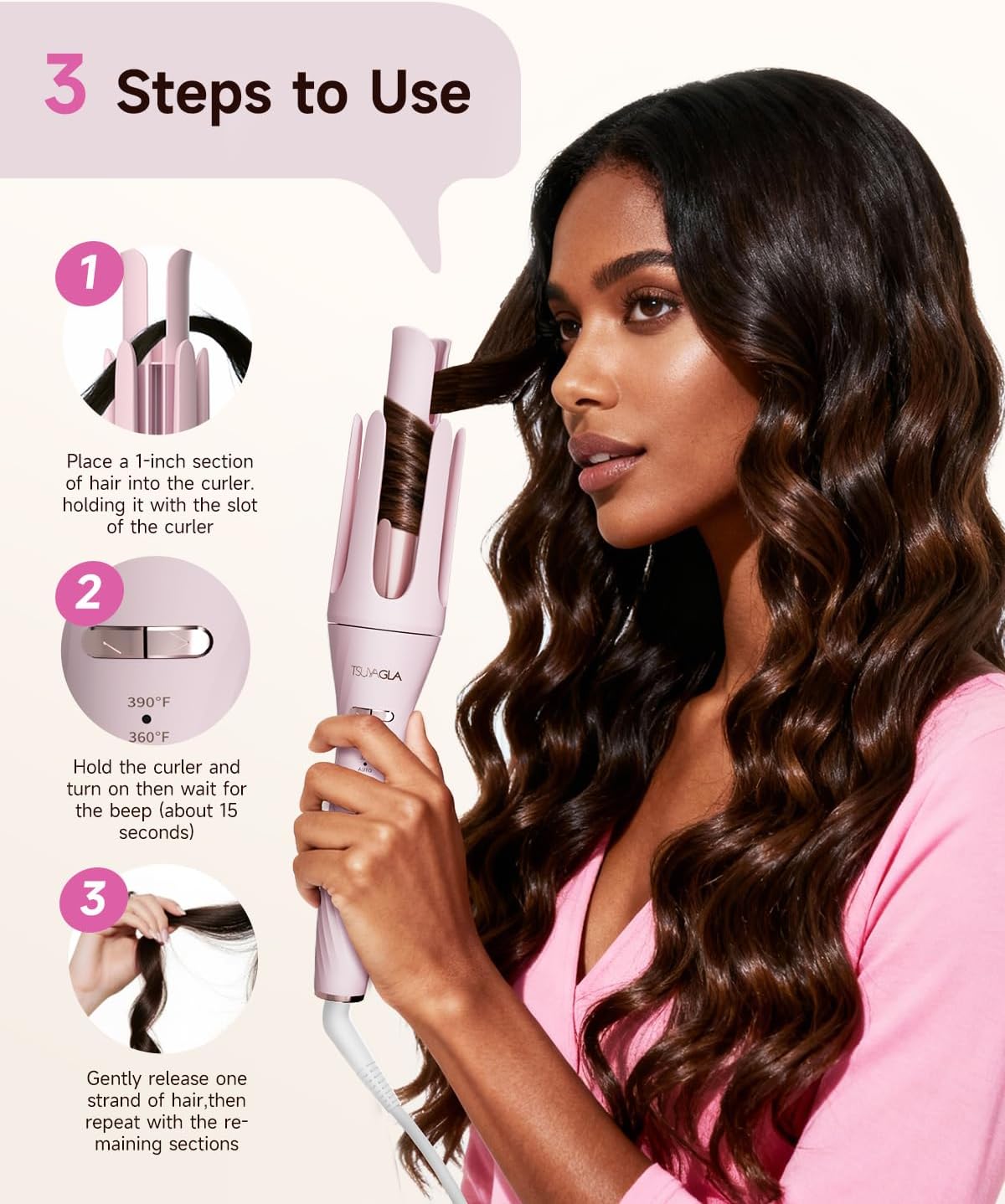 5 in 1 Auto Curling Iron Set with Interchangeable Barrels - 1", 1.25", 1.5" Curling Wand, Hair Crimper & Straightening Brush, Rotating Ceramic Curler, 3 Temp, Dual Voltage, Anti-Scald, Pink