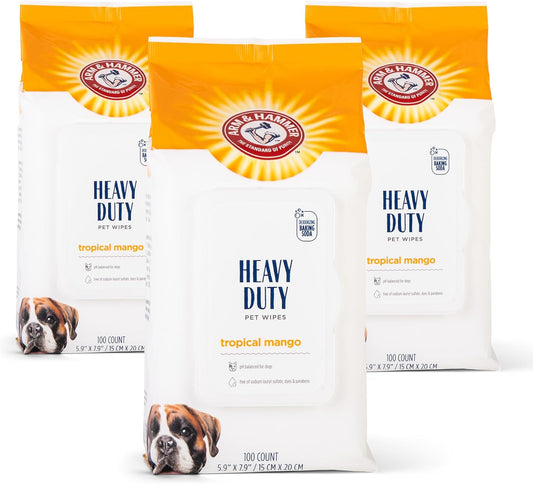 Arm & Hammer for Pets Heavy Duty Multipurpose Dog Wipes, Paw and Butt Wipes for Dogs to Help Clean Deodorize and Freshen Coat and Skin Between Baths, Mango Scent, 100 Count - 3 Pack