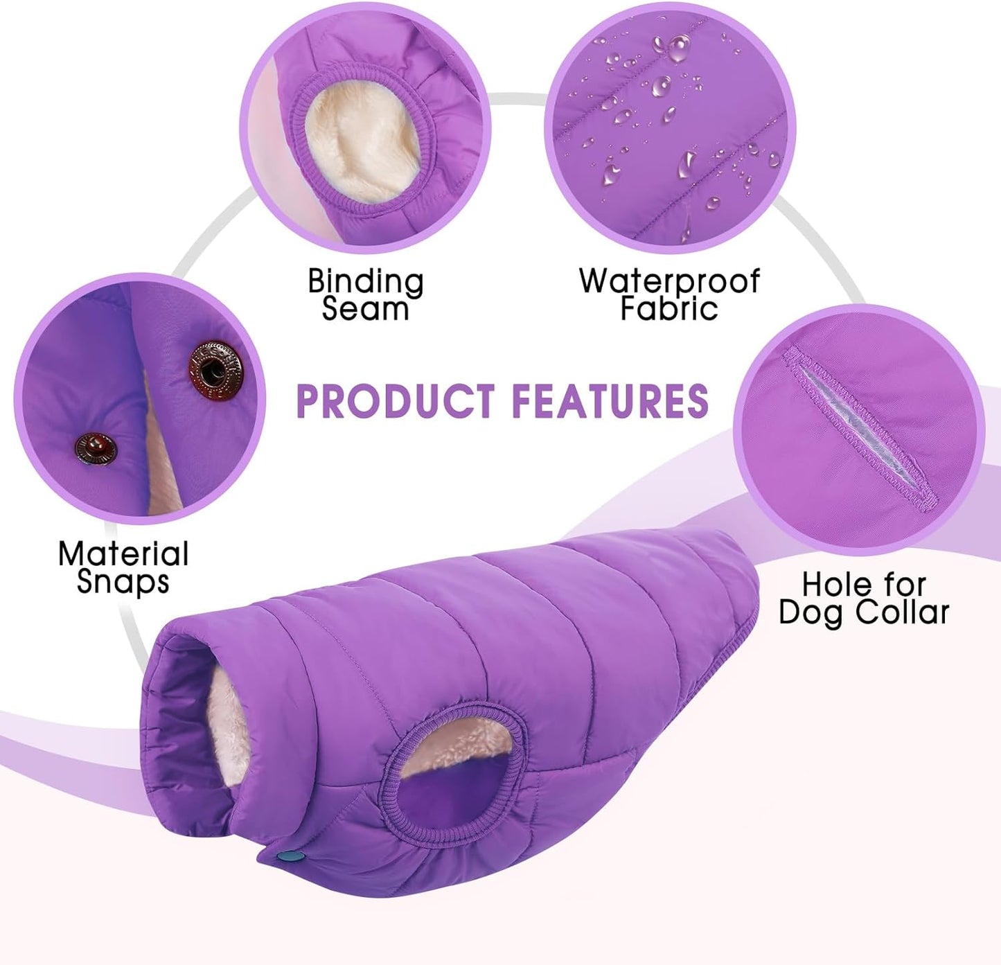 ASENKU Dog Winter Coat - Waterproof Windproof Dog Jacket, Warm Snowproof Doggie Puffer Vest for Cold Weather, Lightweight Snow Coats for Small Medium Large Dogs (Purple, XL)