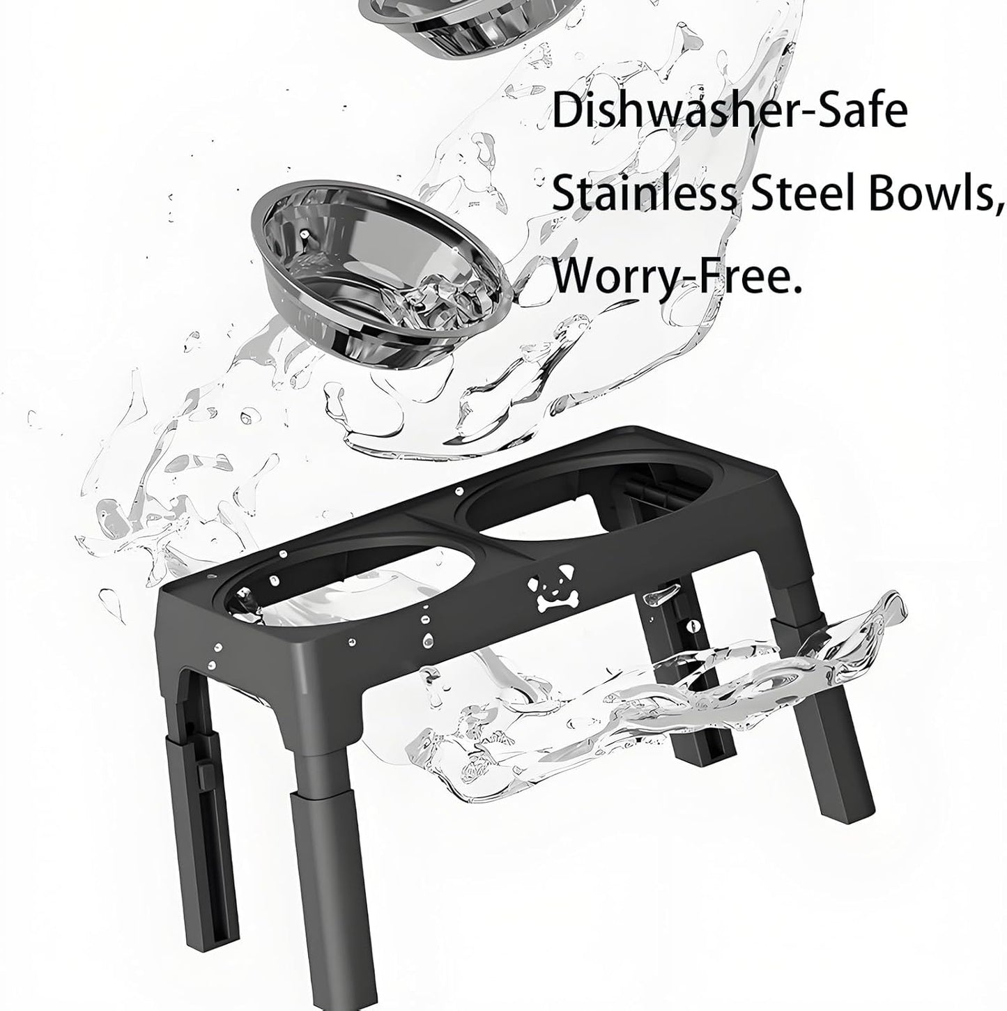 Elevated Dog Bowls Stand 5 Height Adjustable, Raised Dog Feeder with 2 Thick 50oz Stainless Steel Bowls, Non-Slip Pet Food Station for Medium & Large Breeds (Black)