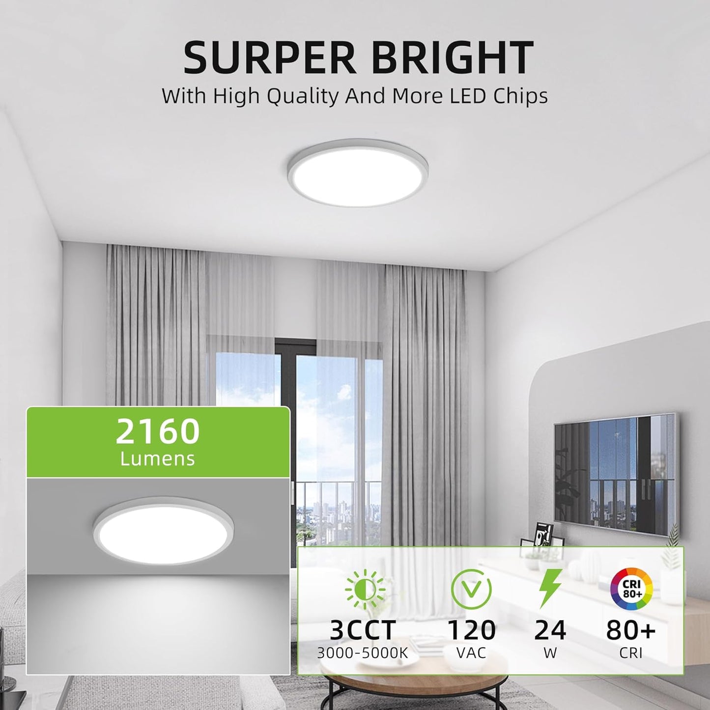 hykolity 12 Inch Selectable CCT LED Round Flat Panel Light, 24W 3000K/4000K/5000K, Edge-Lit Flush Mount Ceiling Light Fixture for Kitchen, Bedroom, Laundry and Closet Room, White