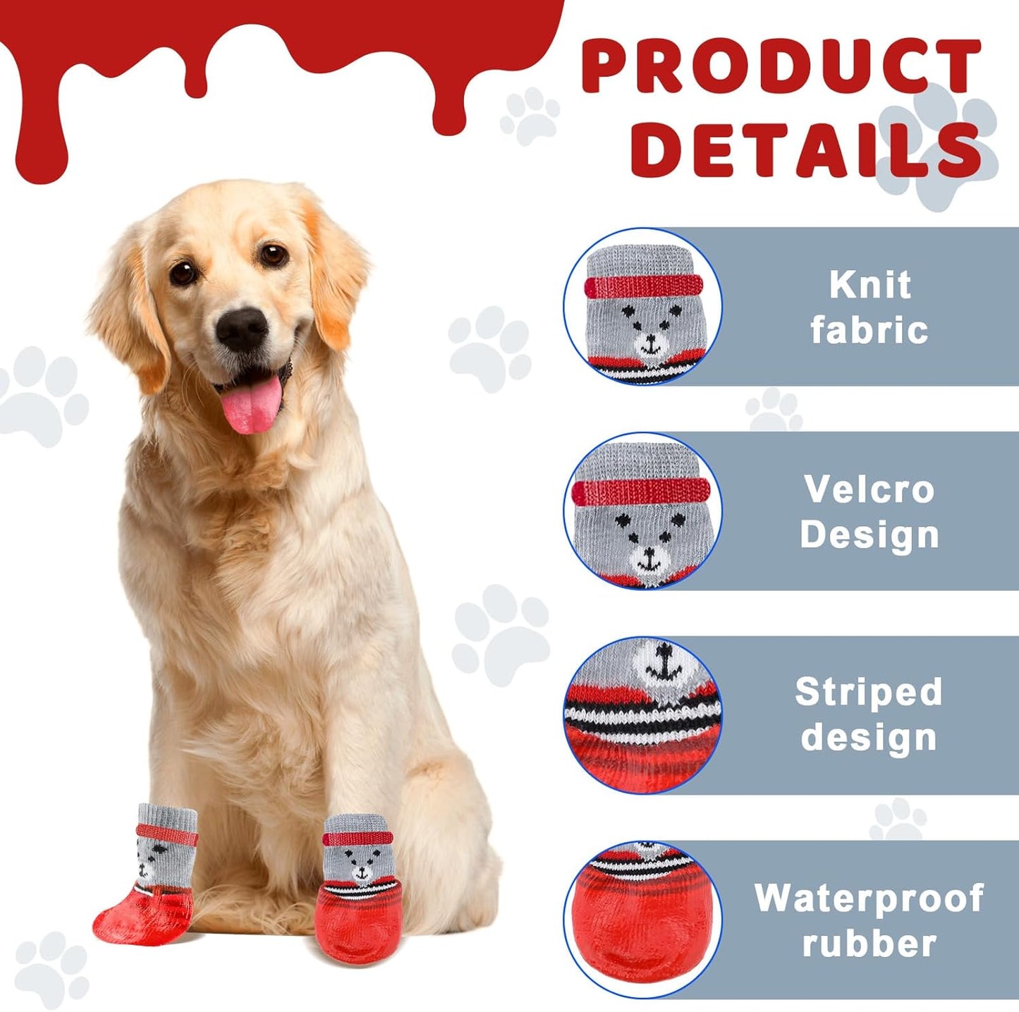 2 Set Non Slip Dog Socks Waterproof Lick Resistant Paw Protectors with Adjustable Hook and Loop Fastener, Breathable Pet Shoes for Medium to Large Dogs(Red, L)