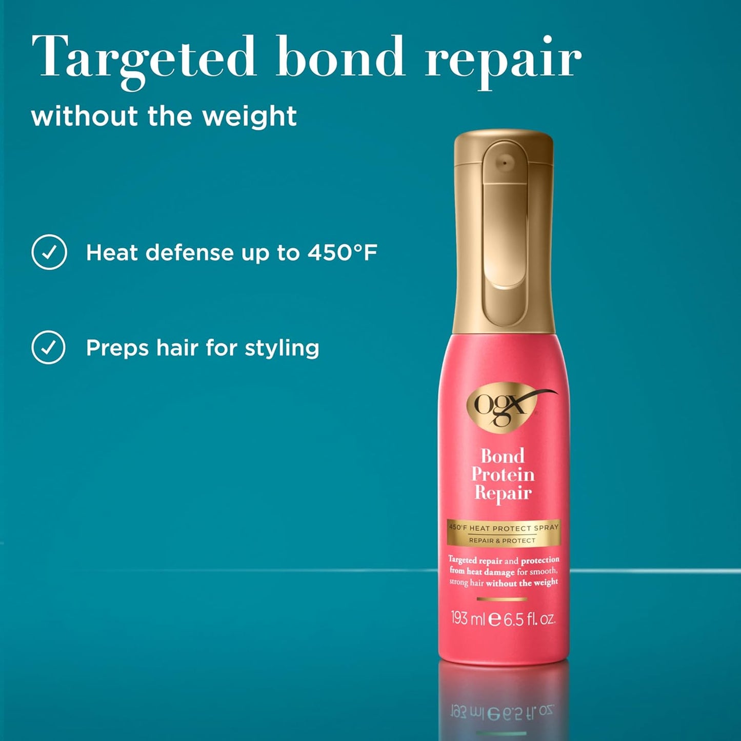 OGX Repair & Protect Bond Protein Repair 450°F Heat Protect Spray, Weightless Repair Mist for Nonstop Damage Protection* for All Hair Types, Heat Spray Preps Hair for Styling, 6.5 fl. oz