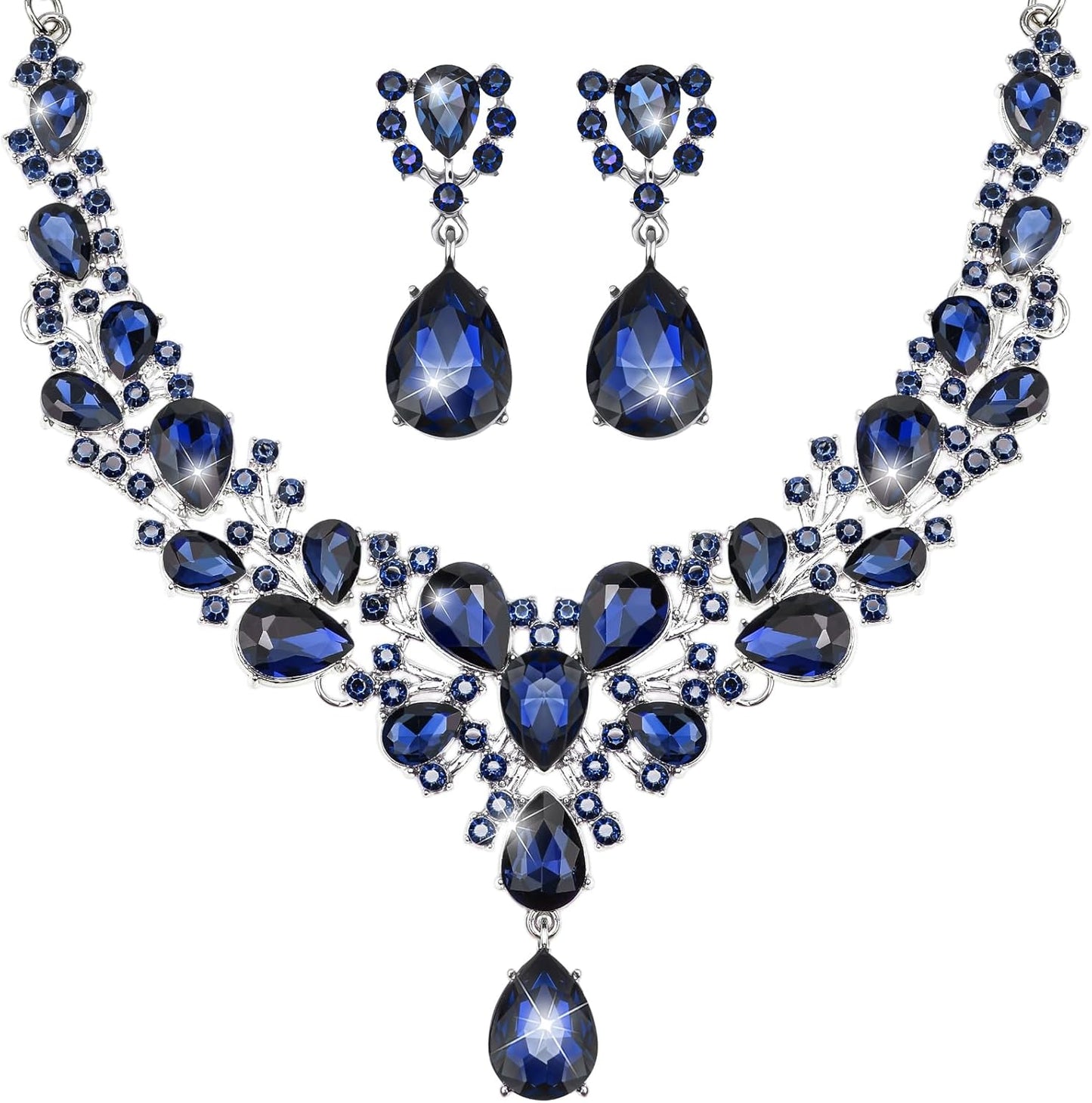 Hicarer Bridal Teardrop Cluster Crystal Jewelry Set for Women Necklace Earrings Wedding