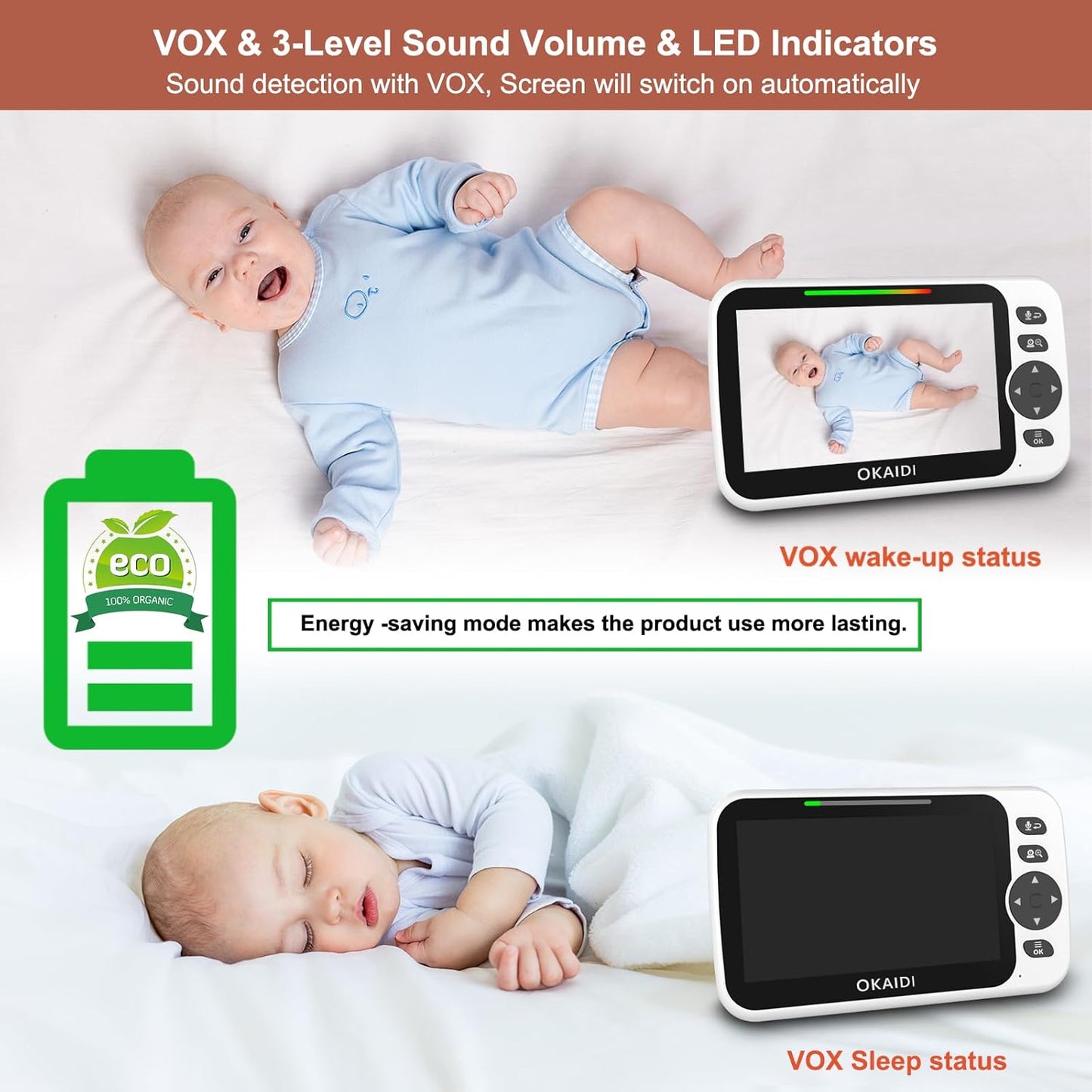 OKAIDI Video Baby Monitor with Camera and Audio, 5" Display Baby Monitor No WiFi, 30H Battery and 1000ft Range, Remote Pan-Tilt-Zoom Baby Camera, Night Vision, 2-Way Talk, ECO, Temperature, Lullaby