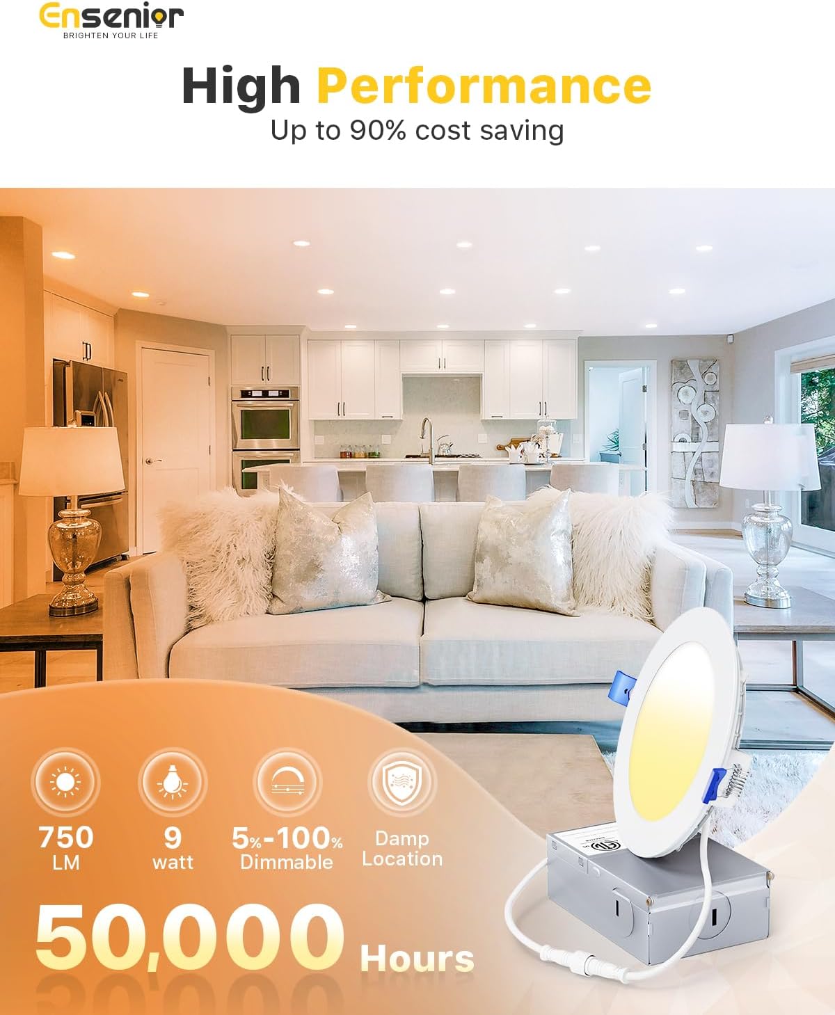 Ensenior 6 Pack 4 Inch LED Recessed Light, Dimmable, 2700K-5000K 5CCT, 750LM High Brightness, 9W 120V, Damp Rated, ERL-9X-ETL, Ultra-Thin Canless Wafer Ceiling Light - ETL & FCC & IC
