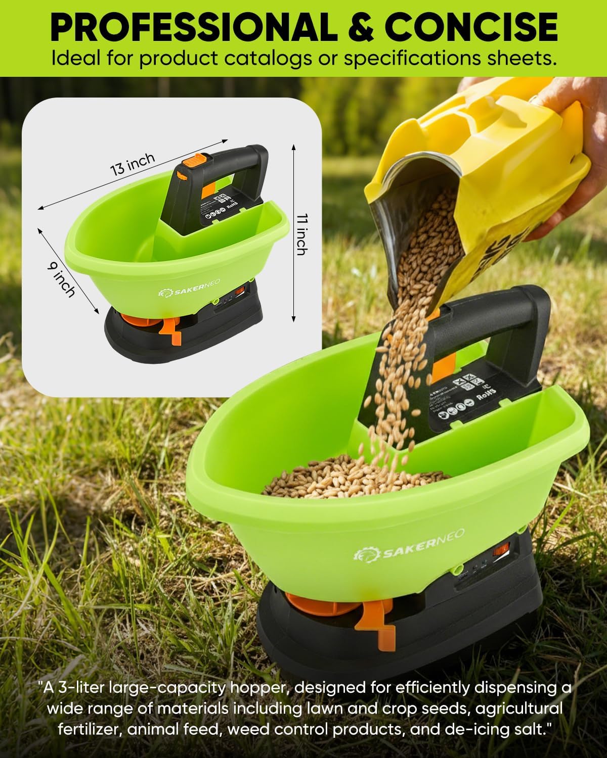 Handheld Lawn Spreader - 7.2V Battery Powered Seed & 135° Fertilizer Spreader, 3L Large Capacity for 6400 Sq.Ft, 7 Settings & 5 Angles, Rechargeable Grass Seeder for Even Lawn Care