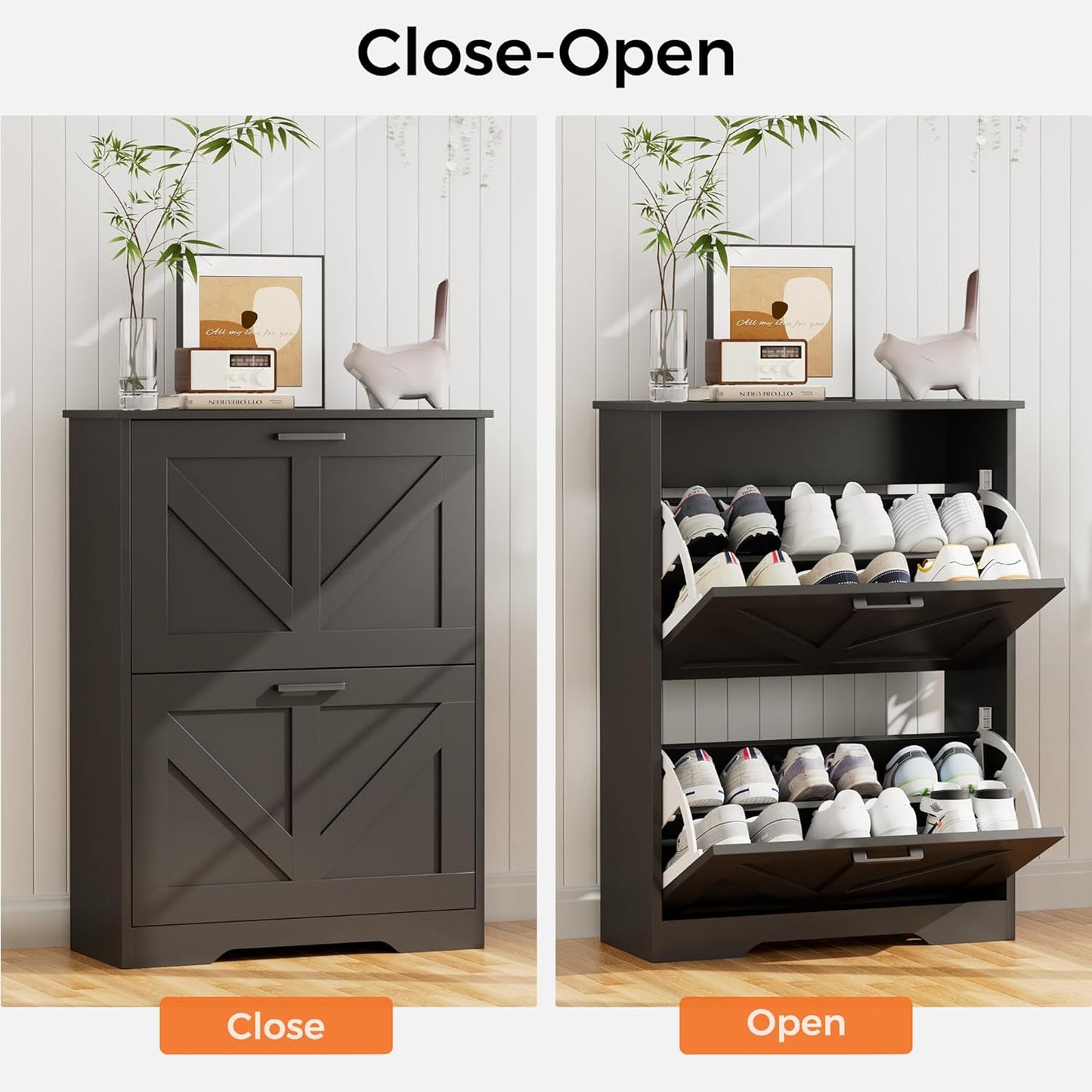 Farmhouse Shoe Cabinet for Entryway with Barn-Style Flip Drawers, Narrow Shoe Storage Organizer with Top Display Shelf, Adjustable Shelves, Shoe Rack for Hallway, Closet- (Black, 24")