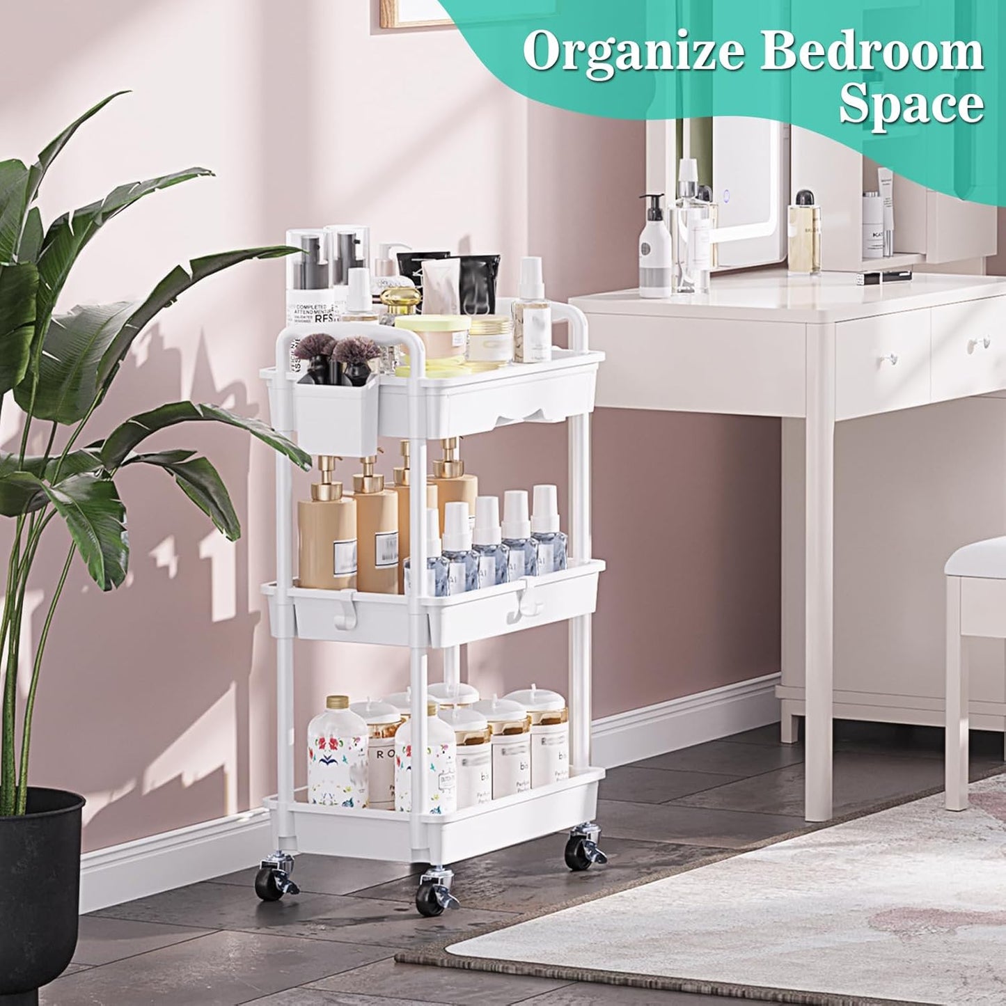 3 Tier Rolling Cart with Drawer, Bathroom Storage Organizer with 2 Lockable Wheels, Multifunctional Rolling Storage Cart for Bathroom, Kitchen, Office, Craft, Makeup, Baby Essentials, White