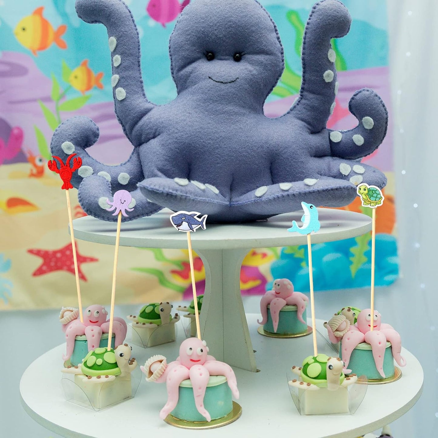 100 Pieces Sea Creature Cocktail Toothpicks Ocean Animals Fish Cocktail Picks Octopus Shark Cupcake Toppers Bamboo Fruit Food Appetizers Picks for Under the Sea Birthday Party Decoration