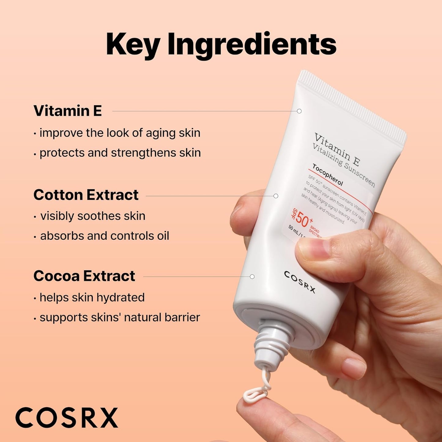 COSRX Vitamin E Vitalizing Sunscreen,SPF 50 Broad Spectrum Face Sunscreen, Lightweight, Non-Sticky, No White Cast, Vitamin E for Antioxidant Care, For All Skin Tones, Korean Skincare, 1.69 fl oz