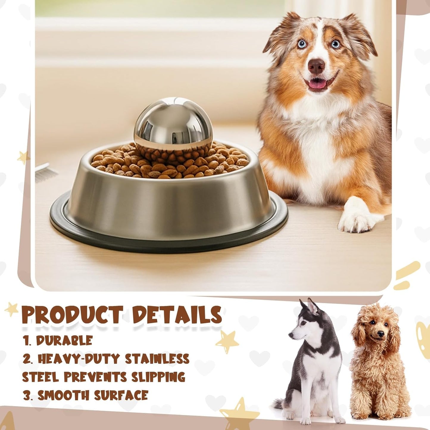 Soulchen Dog Food Slow Feeder Ball Heavy Stainless Steel 3.54 Inches/ 9 cm Large Size, Slows Fast Eating to Prevent Choking, Bloating & Obesity Pet Slow Feeding Toy Healthy Feeding for All Dogs