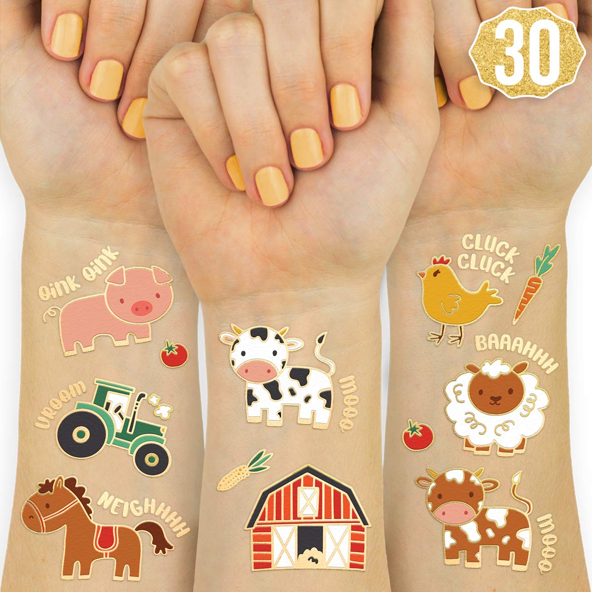 xo, Fetti Farm Party Supplies Temporary Tattoos - 30 Glitter Styles | Barnyard Animals, Petting Zoo, Cow, Horse, Tractor Trailer, Sheep