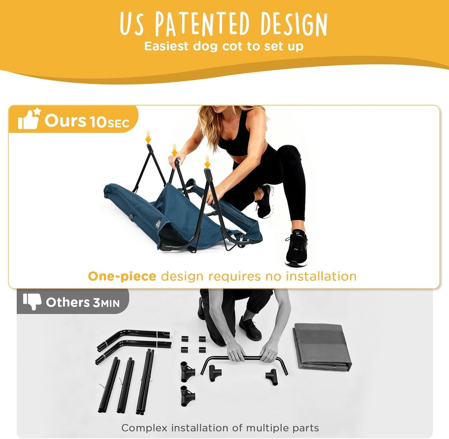 Folding Raised Dog Cot, Large Outdoor Elevated Dog Bed, Cooling Chew Proof Pet Cots Bed, Portable, Heavy Duty Up to 160 lbs, Pet Cot for Camping, Home, Dark Blue, 43"x27"x7"
