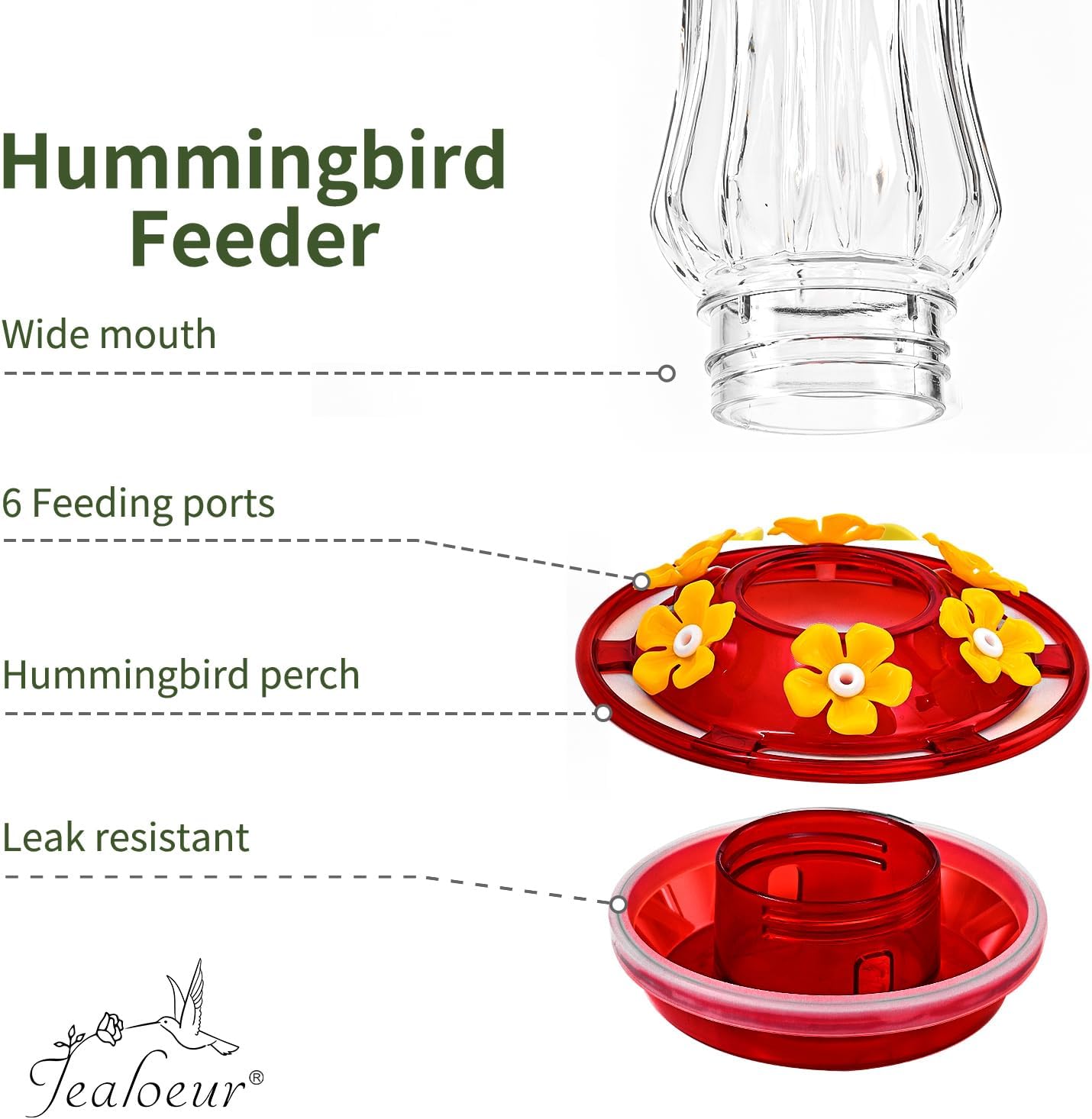 2 Pack Hummingbird Feeder for Outdoors Hanging, 18 OZ Humming Birds Feeders with 6 Bee Guard Feeding Ports & Built-in Ant Moat, Easy to Clean, Durable Outdoor Garden Decor(Clear AA)