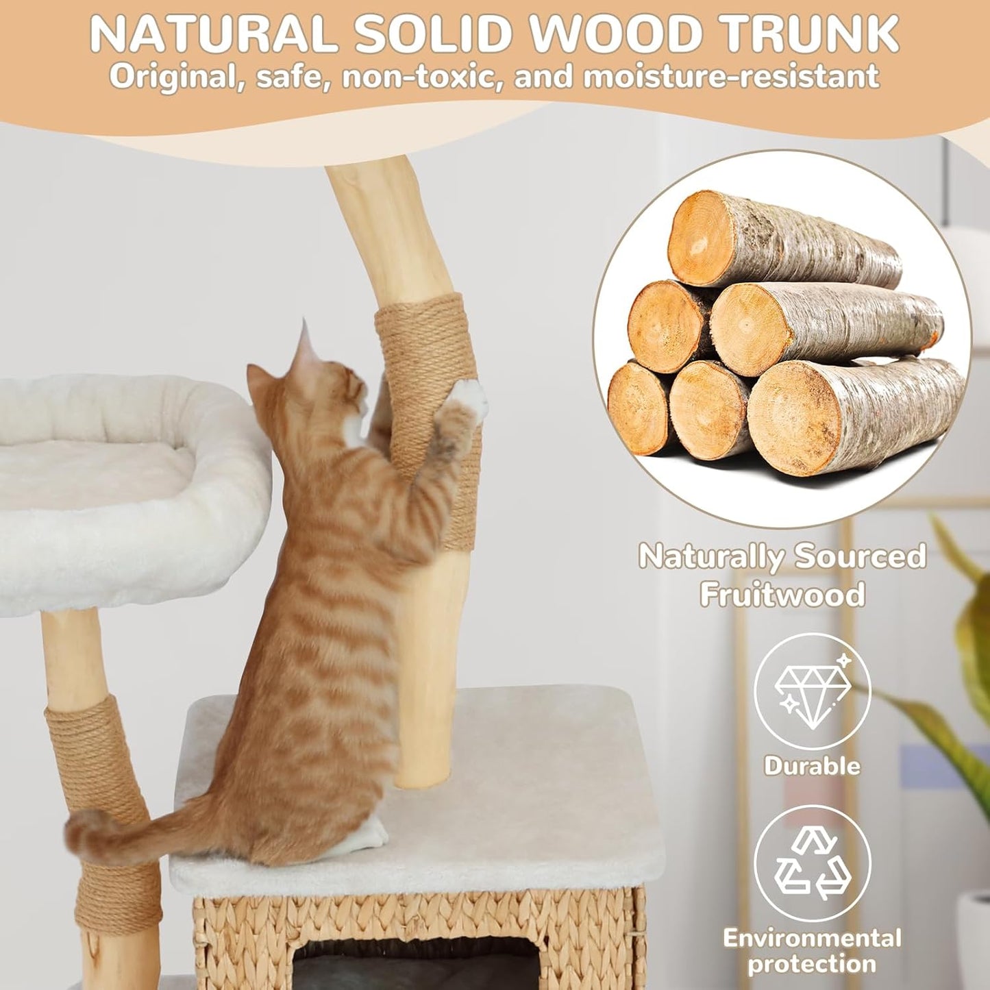 Modern Cat Tree Tower for Indoor Cats - Multi-Level Solid Wood Cat Condo w/Caves, 2 Large Perches, Scratching Posts, Hanging Toy for Large Cats Adult - Luxury Boho Pet Furniture