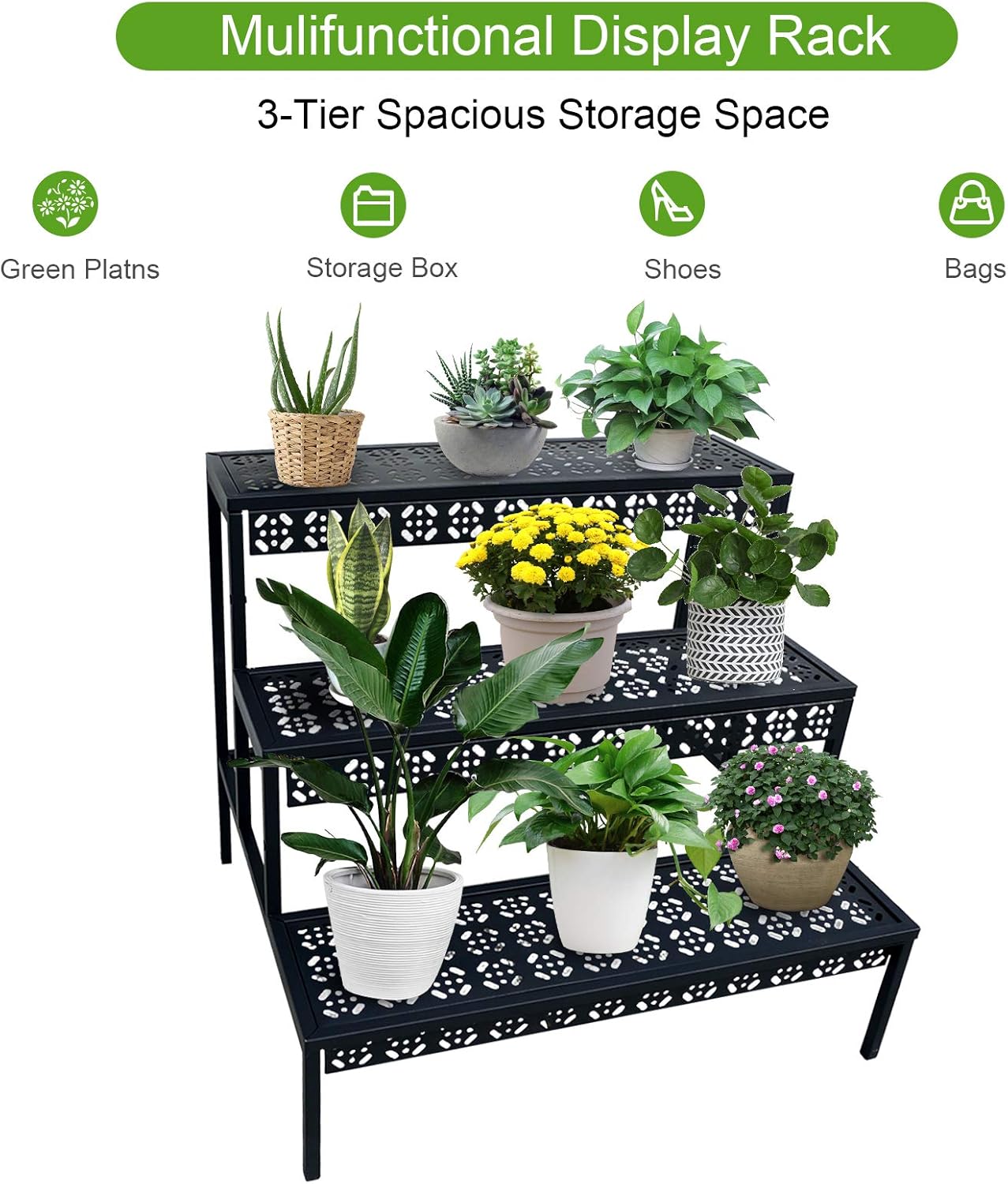 aboxoo 3 Tier Stair Style Large Metal Plant Stand, Garden Display Shelf Flower Pot Holder Storage Organizer Rack for Indoor Home Outdoor Patio Balcony Yard( Black, Rectangle)