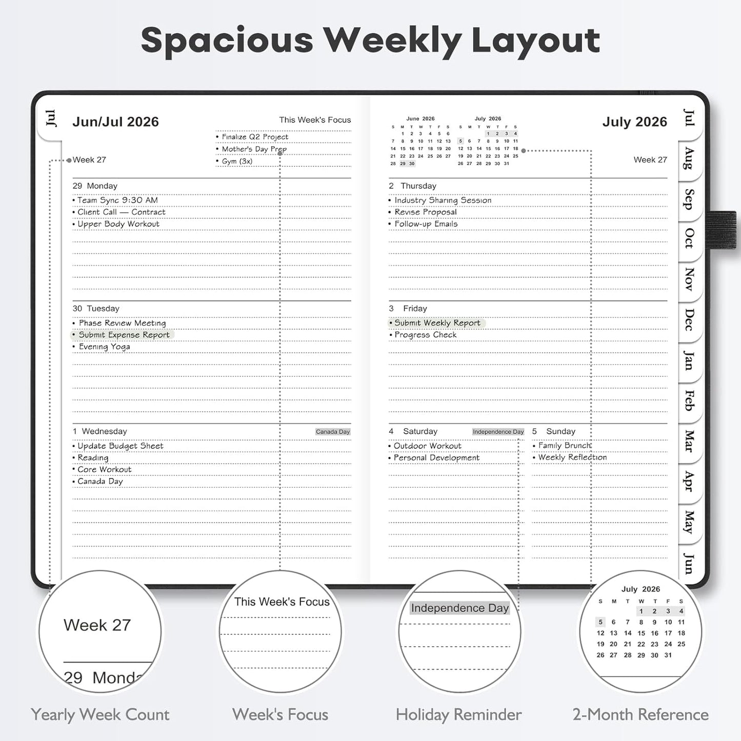 OMEYA 2026-2027 Weekly & Monthly Planner: A5 Black Leather Business Planner for Work, July 2026 – June 2027, 100gsm Thick Paper, Durable Stitched Binding, Tabs, Pen Loop, Pocket – Professional Planner